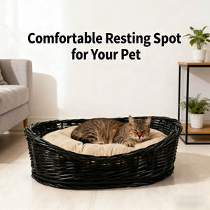 Cesta Cama para Mascotas <span class=keywords><strong>de</strong></span> Mimbre Negro Tejida a Mano, Premium y Natural, con Cojín Beige Suave Extraíble para Gatos, Perros y Mascotas Pequeñas - Product Image 6