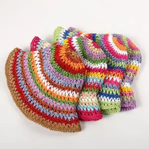 2024 New Pattern Bright Colorful Rainbow Striped Handmade Woven Braid Crochet Paper Straw Foldable Summer Beach Bucket Cap Hat