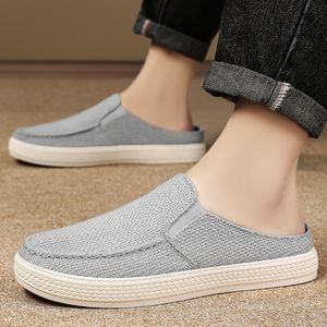 Retro-style casual half-slipper with plain-colored jute upper, breathable and comfortable men's <b>shoes</b> for summer. - Product Image 4
