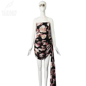 YuFan için özel moda yaz çiçek baskı kısa elbise kadınlar akşam elbise kadınlar Lady zarif rahat elbise