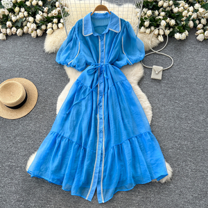 French Elegant Lapel Lantern Sleeve <strong>Dress</strong> Women's Tie-Waist Button-Down <strong>Ethereal</strong> Gown With Slim Design - Product Image 2