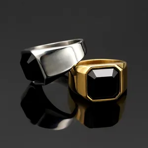 Anel de ouro para homens, joia de aço inoxidável com pedras naturais finas, anel de ouro preto preto, joia de noivado, aliança de casamento e noivado