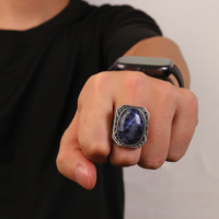 Chaude En Gros Populaire Nouveau Design Naturel Bleu Pierre Opale Anneau Vintage 925 Argent Brun Pierre Anneau pour Hommes Cadeau
