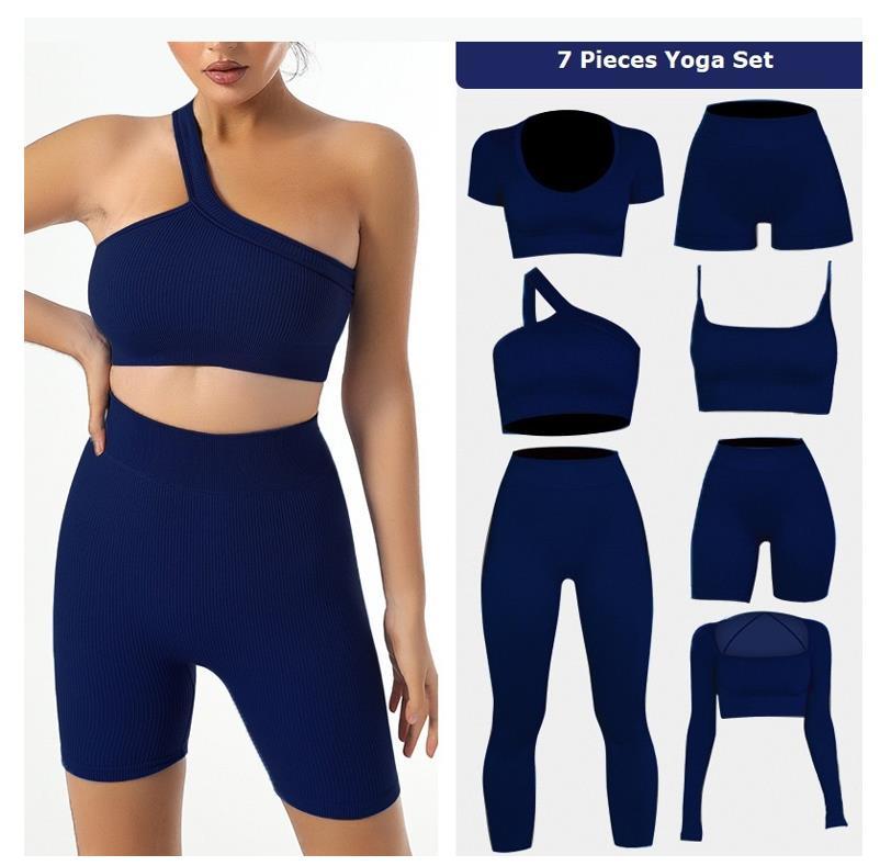 Women's 7-Piece Ribbed Striped Workout Activewear Set High Waist Yoga Fitness Legging Seamless Sport Bra Scrunch Bum Yoga Pants