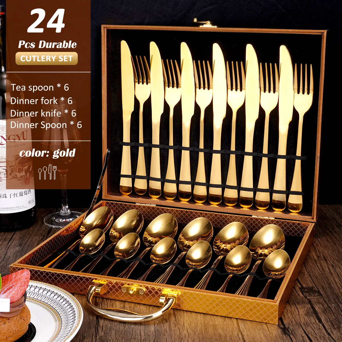 Wedding Hotel Silverware Gift Kitchen Restaurant 24 Piece Gold Flatware With Wooden Box Modern Western Cutlery Set