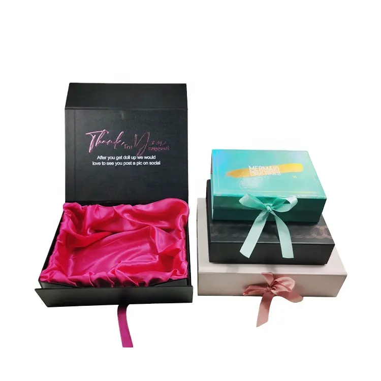 Caja de regalo de lujo con logotipo personalizado, caja plegable de papel de cartón magnético para peluca, embalaje de ropa, paquete de cabello con inserto de satén