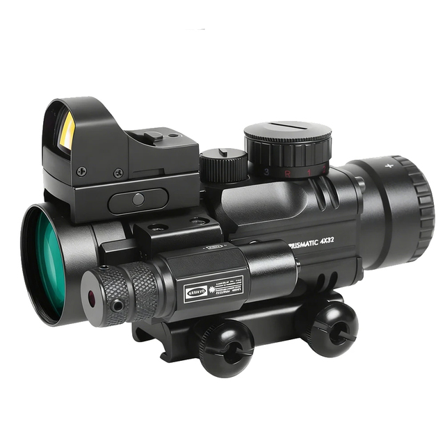 Latest 4x32 Prismatic RGB IlluminatedScope with Mini Red Dot Sight and Green Laser Combo Series