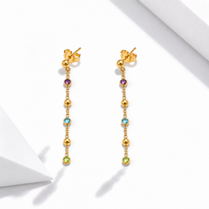 Boucles d'oreilles pendantes multicolores en zircon, acier inoxydable plaqué or 14 carats sous vide, longue chaîne linéaire, bijoux - Product Image 1