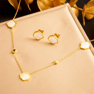 Stainless Steel White Seashell Jewelry <b>Set</b> Hexagon Necklace Earring <b>Bracelet</b> Women's Party Fashion Accessory - Product Image 2