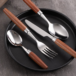 Ensemble de couverts durables en acier inoxydable 304 avec manche en bois de rose, couleur unie, couteau, fourchette et cuillère de style occidental pour dîner de fête - Product Image 1