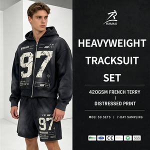 Ensemble survêtement vintage délavé dégradé pour homme, avec sweat à capuche zippé et short, motif numéro 97 vieilli, coupe oversize, style streetwear - Product Image 1