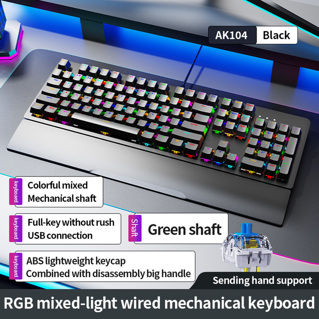 AK104 USB Plug-and-Play Gaming Mechanical Keyboard with RGB Backlit 5-Speed Control 104 Keys Ergonomic Design for Laptop/Desktop