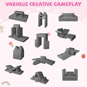 Ensemble de canapés modulaires pour enfants, 11 pièces, tissu gris, mousse haute élasticité, meubles de jeu pour enfants, blocs de construction éducatifs, 3 ans - Product Image 4