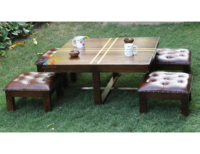 Ensemble de salle à manger carré en bois Table de dîner compacte bureau de cuisine naturel faible hauteur Inde Buffet banc minimaliste table écologique