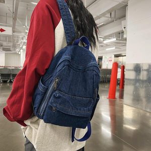 Mochila de Mezclilla Lavada Estilo Vintage, Mini Mochila Ligera Informal con Múltiples Bolsillos con Cremallera, Bolsa de Viaje Escolar para Niñas - Product Image 1