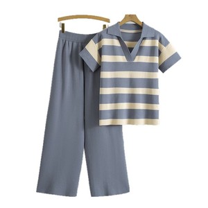 Conjunto Casual de Verano para Mujer, Top de Manga Corta con Cuello Polo a Rayas y Pantalones Anchos Lisos, Material Poliéster, Largo Completo - Product Image 5