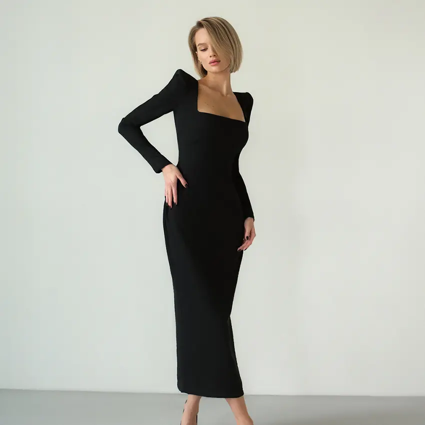 Spring Autumn Women Dresses 2022 Elegant French Vintage Square Collar Long Sleeve Black Dress