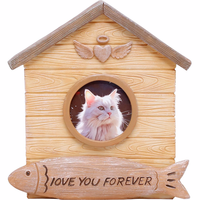 Urne funéraire moderne en forme de maison pour animaux de compagnie avec cadre photo pour chiens et chats, boîte à souvenirs en résine faite à la main avec ailes d'ange, finition grain de bois