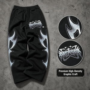 Pantalones Deportivos Anchos de Alta Calidad, 100% Algodón, Estampado Tribal de Llamas Plateadas sobre Negro, Estilo Y2K, Cintura Elástica, Ropa Casual Urbana - Product Image 4