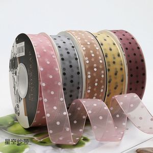 Luxury 2.5CM*30Y Gauze Gift <b>Box</b> <b>Bouquet</b> Packing Lace Ribbon Roll with White Dot Pattern Design Printed - Product Image 2