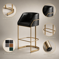 Chaise de bar moderne de luxe en métal doré, revêtement en cuir véritable à l'avant et en PU à l'arrière, hauteur de siège personnalisable, tabouret de bar pour bar, café, restaurant