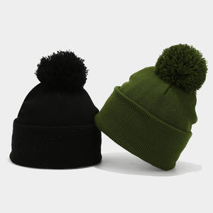 Femmes Hommes Dames Épais Solide Rouge <span class=keywords><strong>Noir</strong></span> Kaki Uni <span class=keywords><strong>Bonnet</strong></span> en Tricot Côtelé à Large Bord Chapeau d'Hiver avec <span class=keywords><strong>Pompon</strong></span> en Boule de Fil - Product Image 1