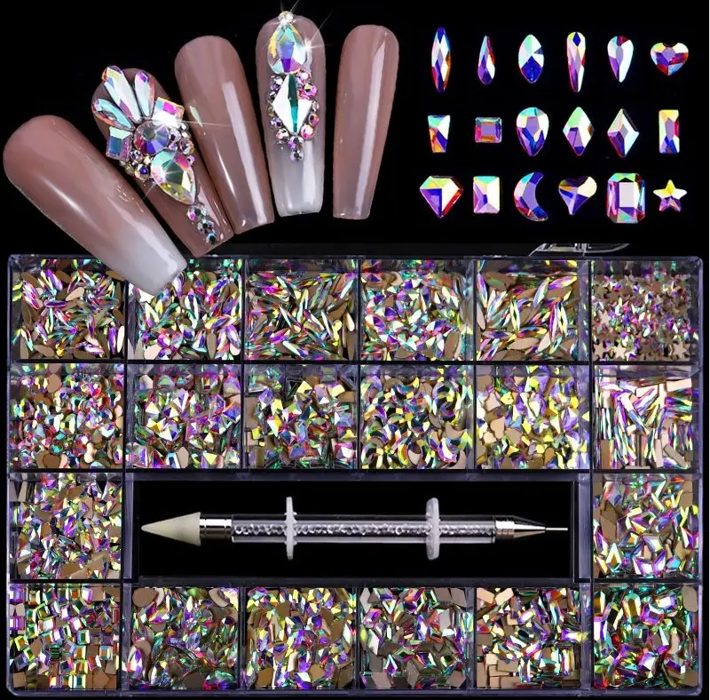 Dropship Hot Crystal AB Rainbow Nail Art Mix Shape Fancy Shaped In Box Flat Bottom Glass nail diamond rhinestone