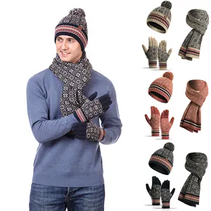 Conjunto de 3 peças de touca vintage unissex, de malha, cachecol, mantido quente, chapéu de inverno para mulheres, meninas, meninas, caveira, gorro quente