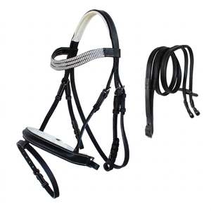All-Purpose Black Leather English Bridle <b>Reins</b> Set with Crystal Brow Band Horse Products - Product Image 1