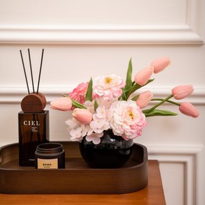 Arrangement floral simulé, vase rond noir, orchidée Phalaenopsis en soie, ornement de bureau, style moderne, décoration de salon - Product Image 3