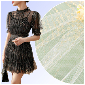 Tela de Tul con Malla y Estampado de Lámina Dorada Brillante para Novias, 100% Poliéster, Última Moda 2026 - Product Image 1