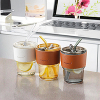 Tasse à café en verre gris ambré de luxe de 450ml 15oz Design créatif avec couvercle en cuir portable et paille-Verres de qualité supérieure