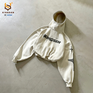 เสื้อฮู้ดดี้โอเวอร์ไซส์ผ้าวาฟเฟิลบุซับในสำหรับผู้ชาย สไตล์สตรีทแวร์ แจ็คเก็ตพร้อมโลโก้สั่งทำพิเศษ สีเทาวินเทจแบบดิสเทรส ซิปหน้า - Product Image 4