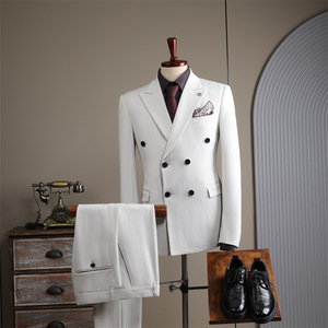 <span class=keywords><strong>Costume</strong></span> <span class=keywords><strong>Homme</strong></span> <span class=keywords><strong>Chic</strong></span> Rayé Haut de Gamme Croisé à Revers Pointus Tenue de Bureau Quotidienne Décontractée Coupe Slim (Veste + Pantalon) - Product Image 5