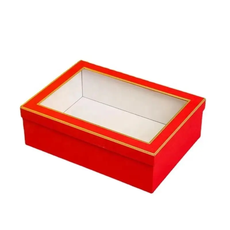 Boîte d'emballage cadeau en papier ordinaire de couleur rouge avec couvercle de fenêtre pour faveurs de mariage