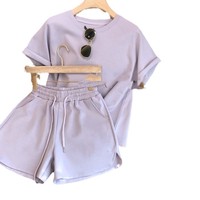 Ensemble deux pièces décontracté d'été pour femme : haut à manches courtes et short, confortable, uni, multicolore, en dentelle, teint uni