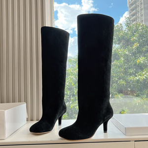 Bottines hautes en daim pour femmes à talons fins et bas, couleur unie, bout carré, personnalisables - Product Image 2