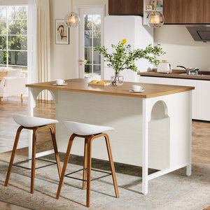 Isla de cocina arqueada SENYU con estantes abiertos, blanca y de madera, estilo moderno de granja, mesa de preparación y almacenamiento - Product Image 4