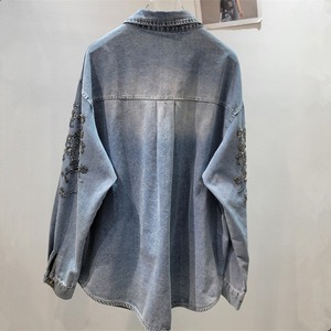 Camicia Vestito in Denim da <span class=keywords><strong>Donna</strong></span> con Paillettes Audaci e Perline a Forma di Diamante, Bottoni, Vestibilità Ampia, Stile Vintage Casual, Lunga, per la Primavera - Product Image 2