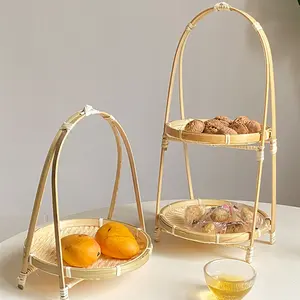 Handmade Weaving Rack Round Square Refreshment Fruit Cake Snack Multi-layer Bamboo Storage Basket