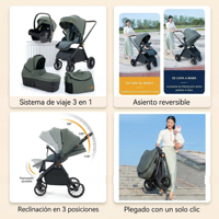 Système de poussette 3-en-1 pour bébé, siège réversible, Coches Para Bebes, pliage en un clic, inclinaison à 3 positions, 95-175 °   Vente en gros pour nouveau-nés