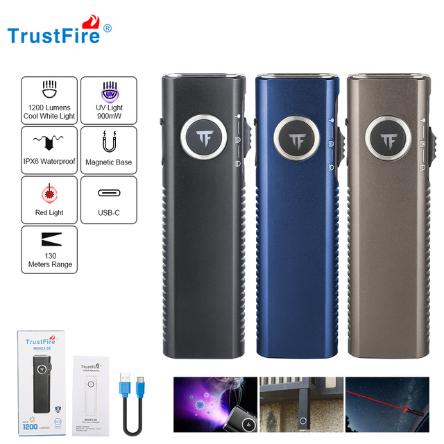 TrustFire MINIX3-SE 1200LM EDC Magnetic Flat Flashlight with UV Light & Red Laser, IPX6 Waterproof Torch for Outdoor & Repair