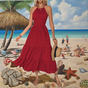Red Halter Sleeveless Maxi <b>Dress</b> A-Line <b>Boho</b> <b>Summer</b> Casual Breathable Woven Solid Tiered Layered Hem Women's <b>Dress</b> - Product Image 2