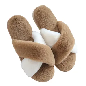 Uxury-Zapatillas de felpa con punta abierta y piel de conejo, pantuflas con suelas gruesas, oferta especial