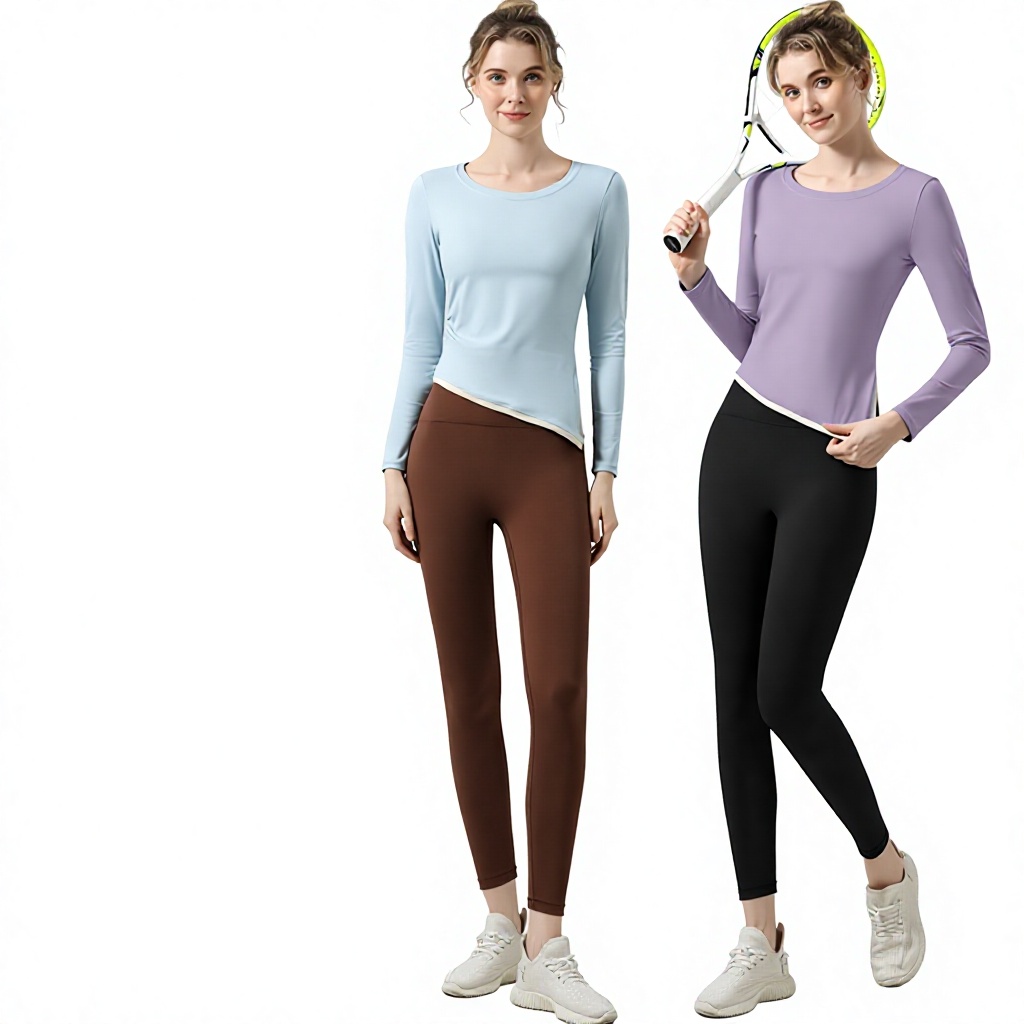 Quick-drying Figure-flattering Breathable Nylon Yoga Top Crew Neck; Stretchy Long-sleeve Set for Winter Pilates Fitness Running