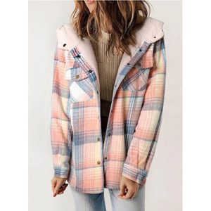 Jaket Wanita Lengan Panjang Bermotif Kotak-Kotak dengan Tudung Berbulu dan Saku Samping Jaket Olahraga Musim Dingin untuk Wanita Mantel - Product Image 1