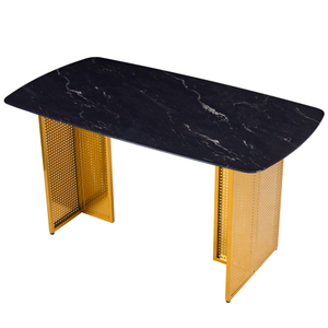 OEHOME Modern-Style Rectangular Tempered Glass Dining <b>Table</b> 6-Piece Set Marble-Patterned Design Golden Hollow-Out Metal <b>Legs</b> - Product Image 6