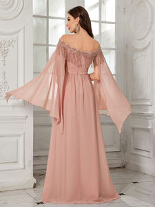 <span class=keywords><strong>Robe</strong></span> de soirée <span class=keywords><strong>longue</strong></span> élégante pour femme, à épaules dénudées, avec broderie de strass <span class=keywords><strong>et</strong></span> de paillettes, manches longues évasées <span class=keywords><strong>et</strong></span> décorations à pompons - Product Image 2