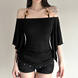 Women Vintage Beaded Halter Strap Off Shoulder T Shirt <b>Batwing</b> Sleeve Slim Fit Sexy Casual Streetwear <b>Top</b> - Product Image 6