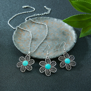 Bohemian <b>Necklace</b> And Earring <b>Set</b> Turquoise Stone Alloy Antique <b>Silver</b> Plated Women's Jewelry Party Fashion - Product Image 3